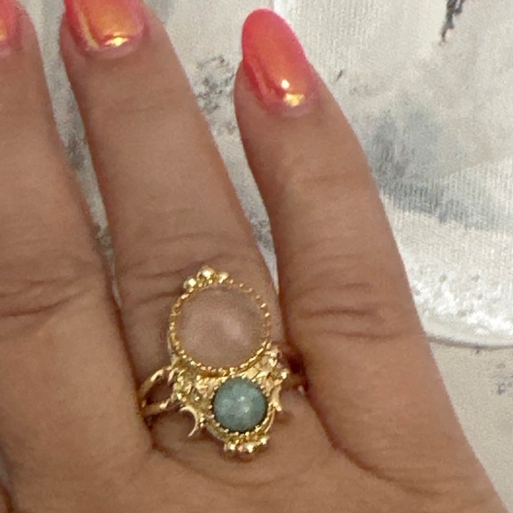 Rose Quartz with Turquoise star moon ring with Adjustable gold band. - Picture 4 of 4